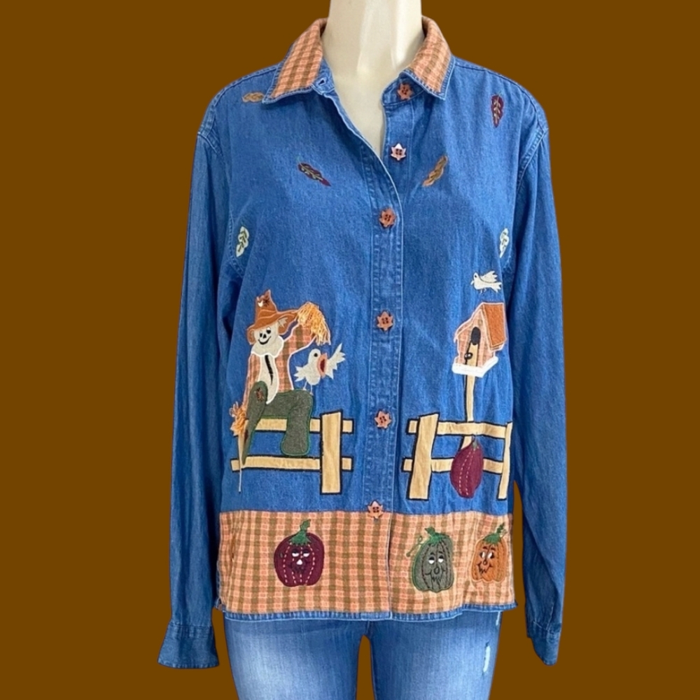 DRESS BARN | Scarecrow Pumpkins Fall Harvest Denim Button Up Shirt Sz XL - Picture 3 of 14